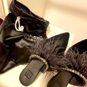 WHBM Black mules with Ostrich feathers & Rhinestones. Never warn.
